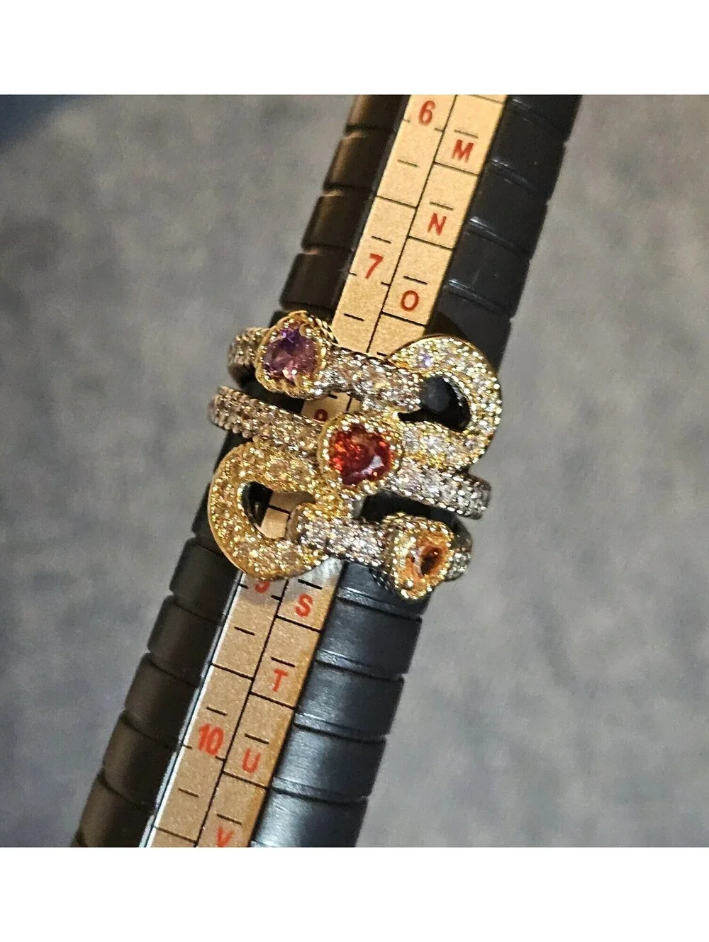 New Two Tone Heart CZ Ring Size 8 Sparkling Fall Colors Multi-band Cocktail